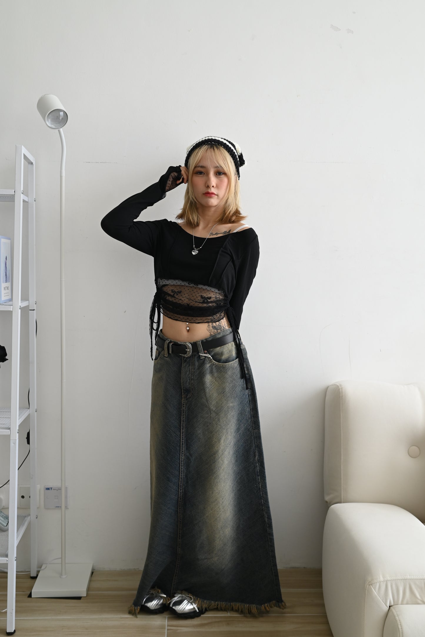 rinsed wash denim long skirt