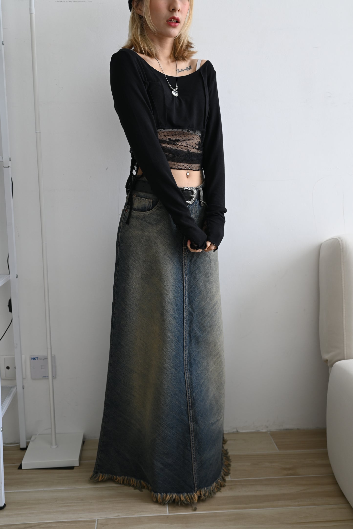 rinsed wash denim long skirt