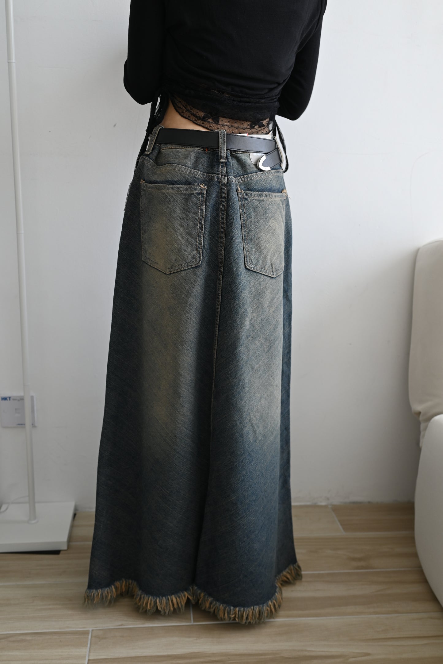 rinsed wash denim long skirt