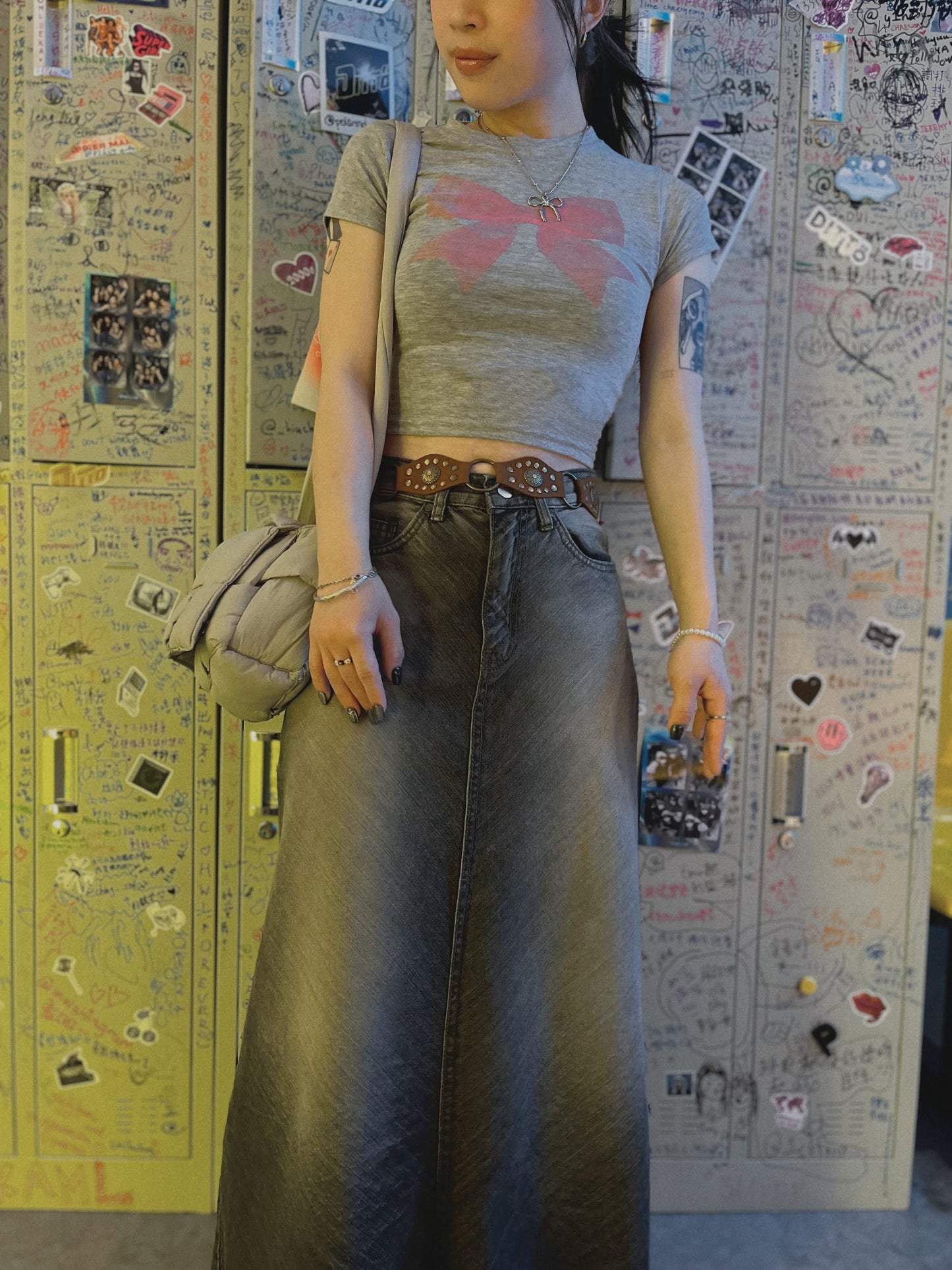 rinsed wash denim long skirt